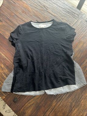 Women’s Black Short Sleeve Layered Top with Striped Hem